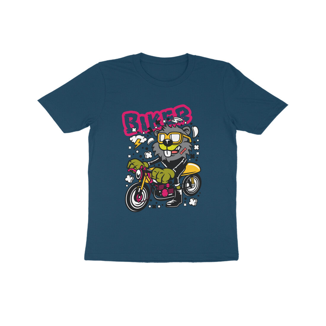 Kids' Half Sleeve Round Neck Tshirt β Yellow Biker Beaver puraidoprints