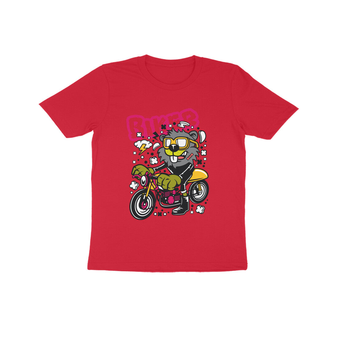 Kids' Half Sleeve Round Neck Tshirt β Yellow Biker Beaver puraidoprints