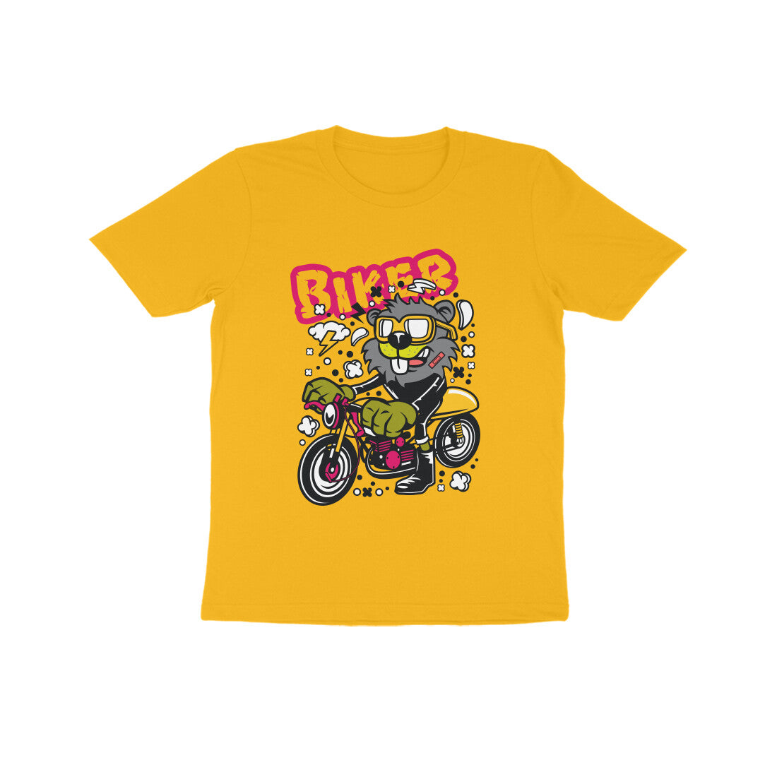 Kids' Half Sleeve Round Neck Tshirt β Yellow Biker Beaver puraidoprints