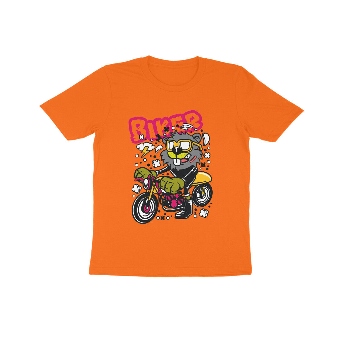 Kids' Half Sleeve Round Neck Tshirt β Yellow Biker Beaver puraidoprints