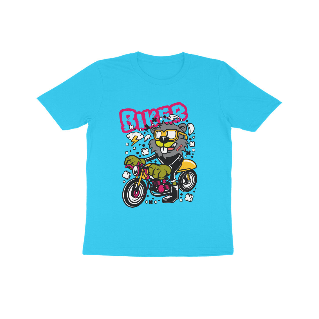 Kids' Half Sleeve Round Neck Tshirt β Yellow Biker Beaver puraidoprints