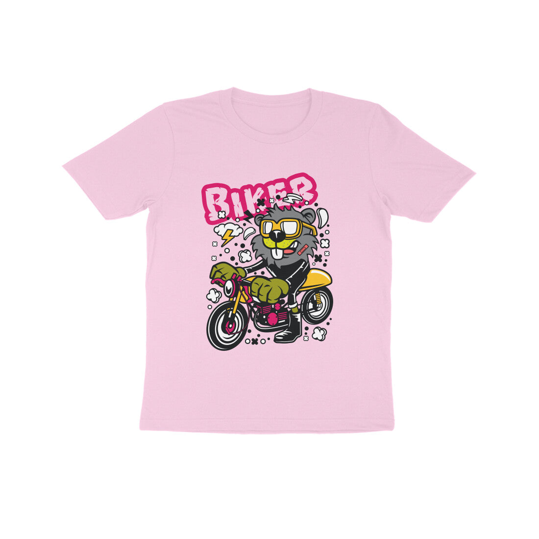 Kids' Half Sleeve Round Neck Tshirt β Yellow Biker Beaver puraidoprints
