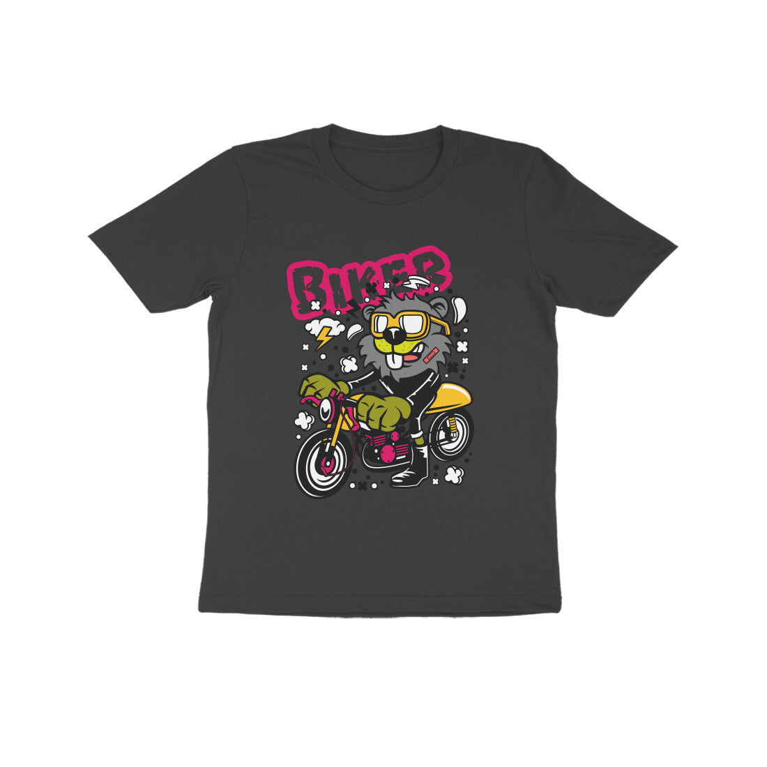 Kids' Half Sleeve Round Neck Tshirt β Yellow Biker Beaver puraidoprints