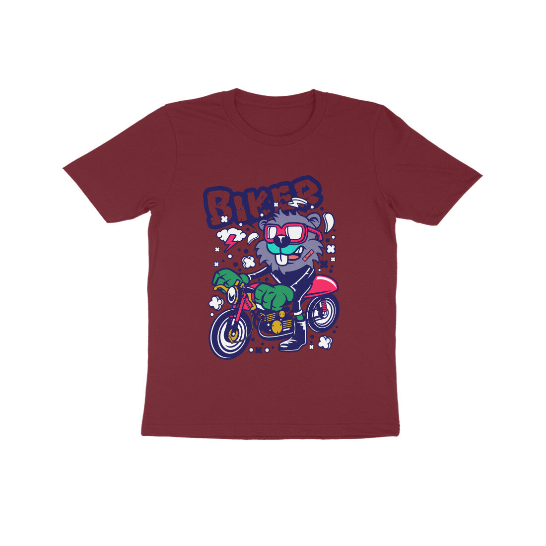 Kids' Half Sleeve Round Neck Tshirt – Red Biker Beaver puraidoprints